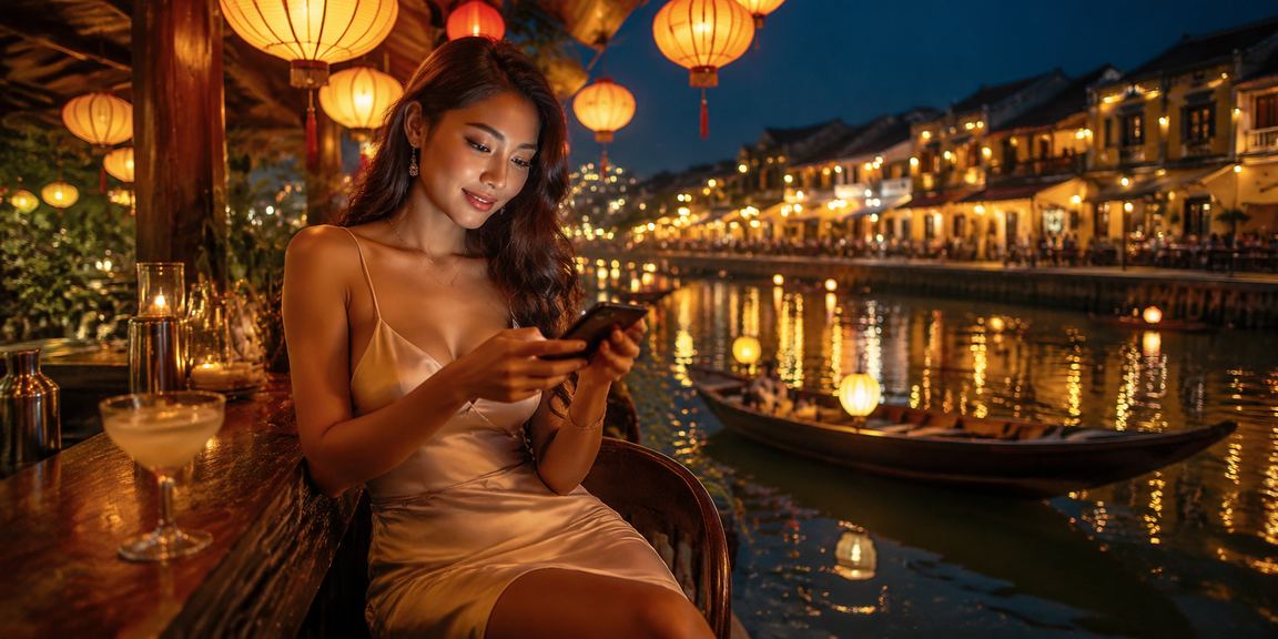 Người dùng Hội An trải nghiệm ứng dụng casino trên điện thoại bên tách cà phê